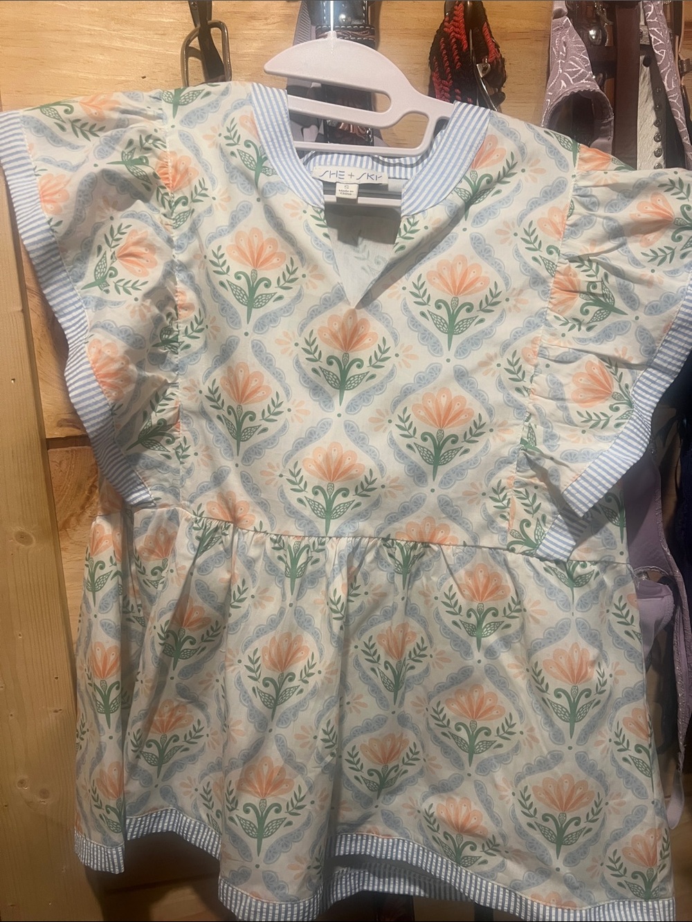 She + Sky Cream Blouse with Peach Floral and Green Leaves